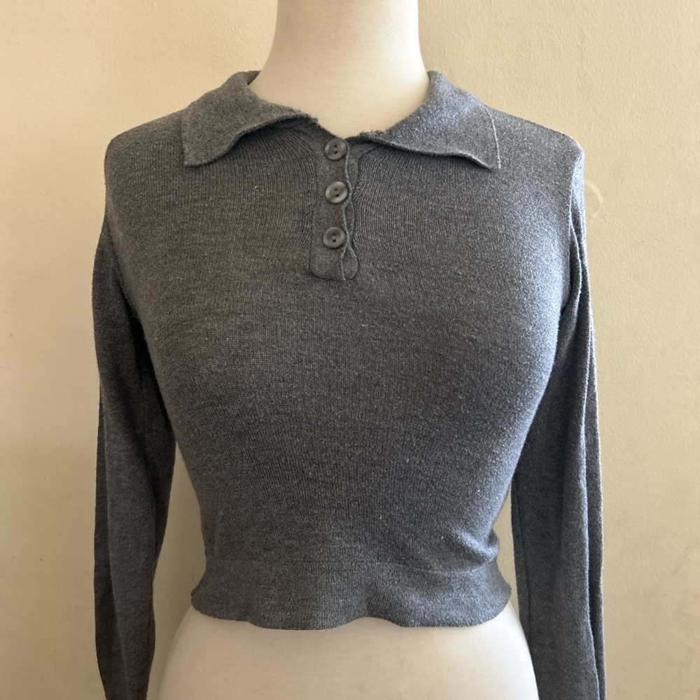 Gray Long Sleeve Collared Crop Top